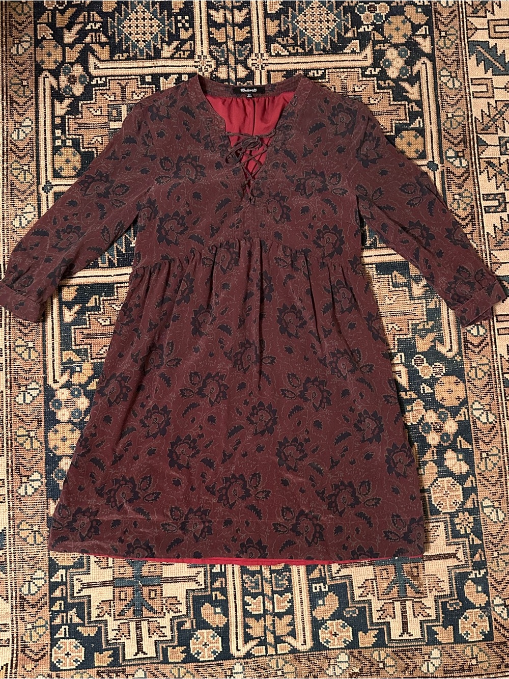 Madewell Burgundy Floral silk Lace-Up Dress size xs excellent condition